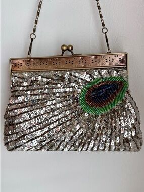 Beaded Peacock Clutch Evening Bag Sequin Embellished Chain Strap Vintage Style